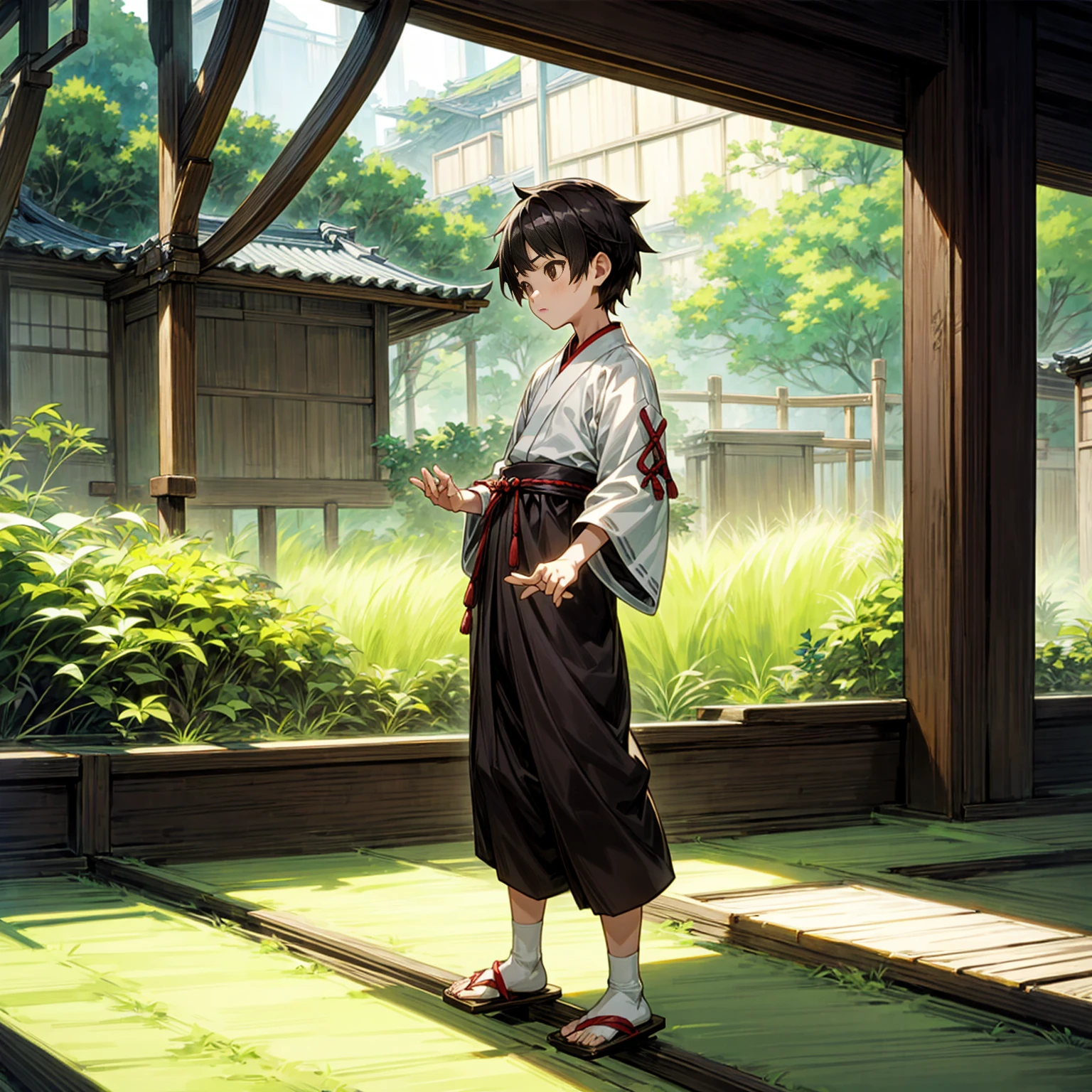 1kid boy, Full body version, 1character, brown eyes, short haircut, black color hair, ancient Japanese traditional clothing style, Sandal Wood Ancient Japan, Grassroots, full background in indoor room village, motion blur, (Hunter x Hunter style art), standing gesture