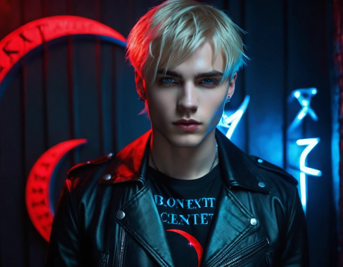 Hyper realistic, dark vibes, solo, attractive young guy, male, 22 years, (holding knife:1.1) pale skin, blue eyes, (short textured blond hair:1.1), layered bangs, gothic black leather jacket, black eyeliner, dark lighting, in luxury BDSM room, (smirk:1.1), (visible neon red crescent moon writing sign in background text "CONTEXT" in blue:1.1)