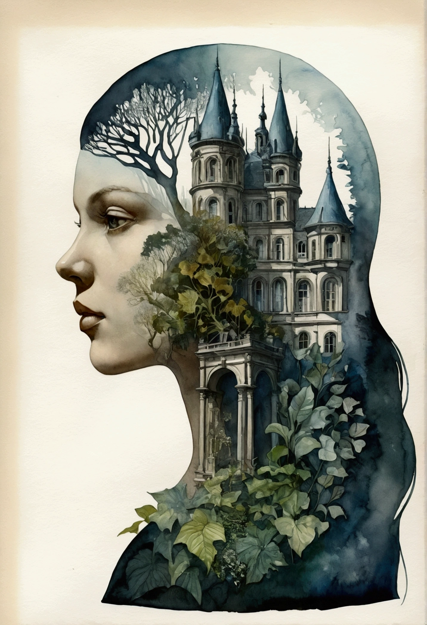 digital fantasy, double exposure, only one person, facing the façade, watercolor fairy tale by Karl Blossfeldt, illustration, representing a double exposure