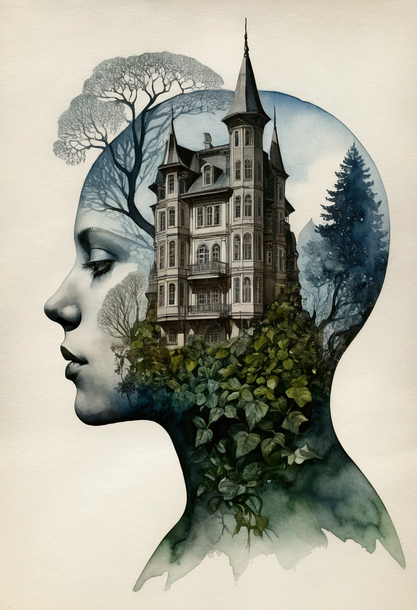 digital fantasy, double exposure, only one person, facing the façade, watercolor fairy tale by Karl Blossfeldt, illustration, representing a double exposure