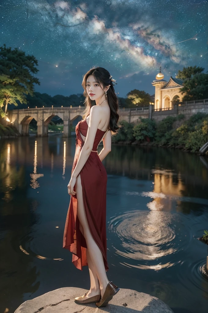 (((best quality))),(((ultra detailed))),(((masterpiece))),illustration,((1 beautiful girl,solo)),(shoulder length straight hair:1.2),((earrings,necklace)),((slim,thin)),((small breasts,flat chest)),(gorgeous red Hanfu:1.5),(slender legs:1.2),(loafers:1.2),(standing:1.3),(arms behind back:1.5),(on the stone arch bridge:1.3),((starry sky,the Milky Way,horizon)),elegance, grace, sophisticated updo, delicate hairpins, twinkling stars, radiant smile, bright eyes, wonder, beauty of the night sky, intricate patterns, flowers, birds, vibrant colors, ethereal, enchanting, old bridge, weathered, sturdy, natural surroundings, serene, peaceful atmosphere, rippling water, stars, graceful silhouette, magic, tranquility, twinkling stars, mesmerizing canopy of light, cool air, crisp, faint scent of blooming flowers, contemplation, admiration, ancient China, timeless, rich culture, traditions, captivating, enchanting atmosphere, myth, legend,((from front,close-up of full body))