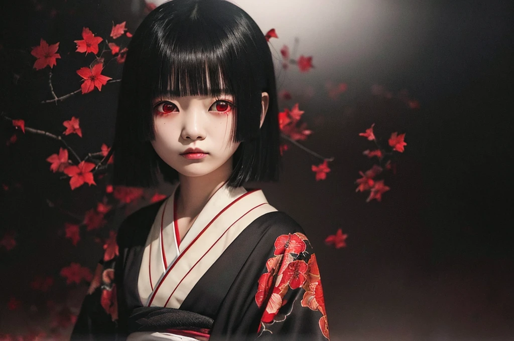 Highest quality、masterpiece、Highest detail、Japanese Yokai、A lonely hell girl floating in the darkness、Beautiful girl with bob hair、Vermilion eyeliner、A simple, thin kimono with red frills on the chest、Glare、Feeling fear、Dense foggy black background、Multiple exposure dense fog