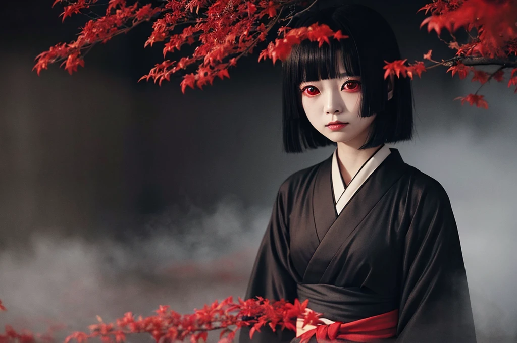 Highest quality、masterpiece、Highest detail、Japanese Yokai、A lonely hell girl floating in the darkness、Beautiful girl with bob hair、Vermilion eyeliner、A simple, thin kimono with red frills on the chest、Glare、Feeling fear、Dense foggy black background、Multiple exposure dense fog