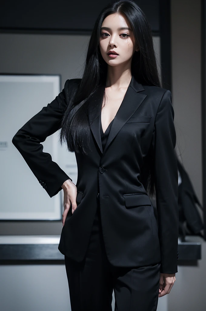 Long length straight Scarlet Hair, woman walking in black suit and tie, wearing black suit, wearing black business suit, strict business suit, wearing black suit, black suit pants, wearing black clothes, Subject Details: wearing suit, waist shot, wearing business suit, black Woman in business suit, Girl in suit, Casual black suit