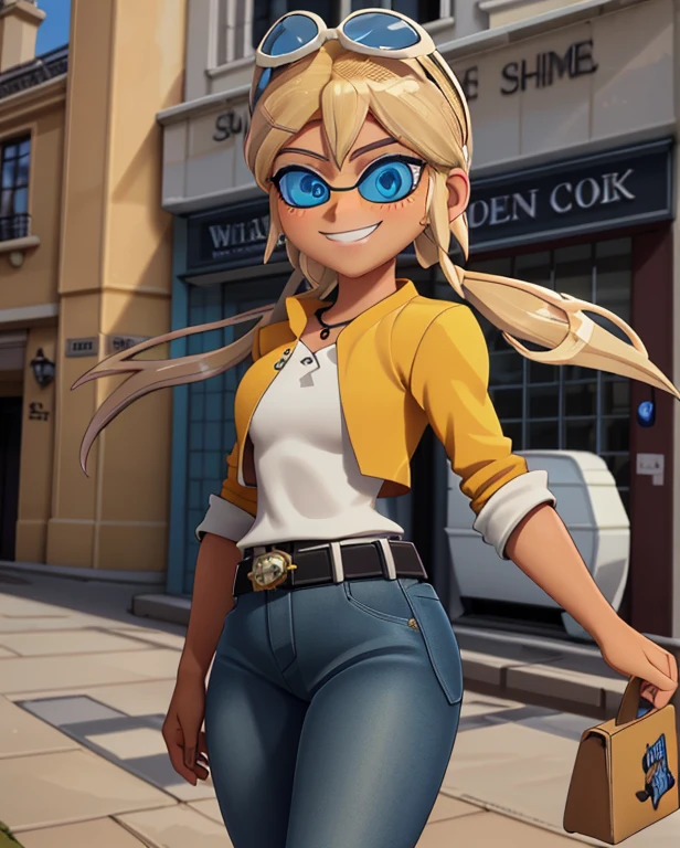 (8k, RAW photo, best quality, masterpiece:1.2), (intricate details), perfect eyes, perfect face, perfect lighting, beautiful, (masterpiece:1.2), (best quality:1.2), 1girl, solo, combine marinette dupain-cheng with chloe bourgeois, blonde hair, ((hair in short twin tails)), (fake tan skin:1.2), arrogant, haughty, haughty smile, grin, (medium breast:0.5), (average breast), (Wearing: sunglasses on head, yellow jacket, black undershirt, belt, white pants, white heels), cowboy shot, 3DMM, standing, front view,
