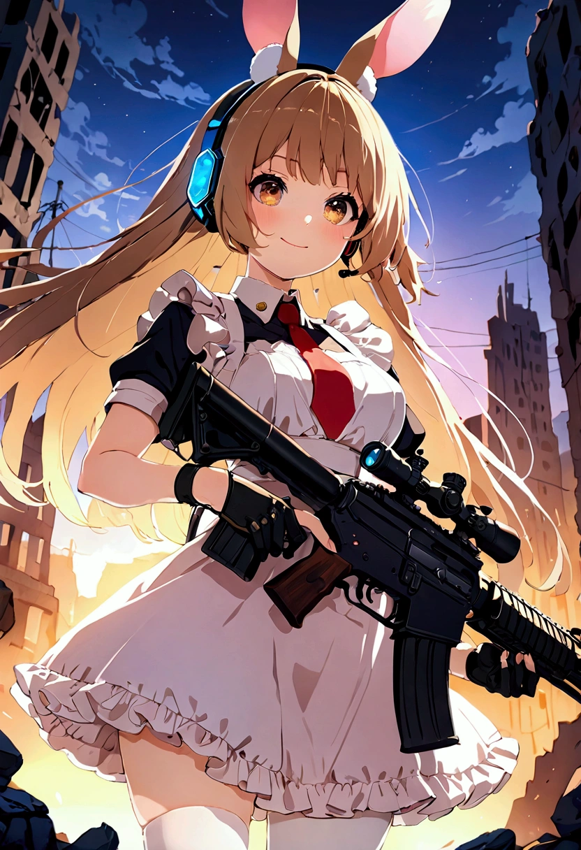 ((1girl)), super fine illustration, vibrant colors, absurdres extremely detailed CG, 8k wallpaper, (masterpiece:1.3), dynamic angle, dynamic pose,
best quality, depth of field, cinematic lighting, ultra detailed, brown long hair, very straight hair, large breast, white knit dress , 20yo, cute, very baby face, brown eyes, kawaii, tender smile, droopy eyes, combat, pink leotad, sci-fi rabbit ear mechanical headset, red necktie, combat glove, pink maid uniform, white thighhighs pantyhose, aiming rifle, modern military rifle:1.4, ruin city, Post-apocalypse