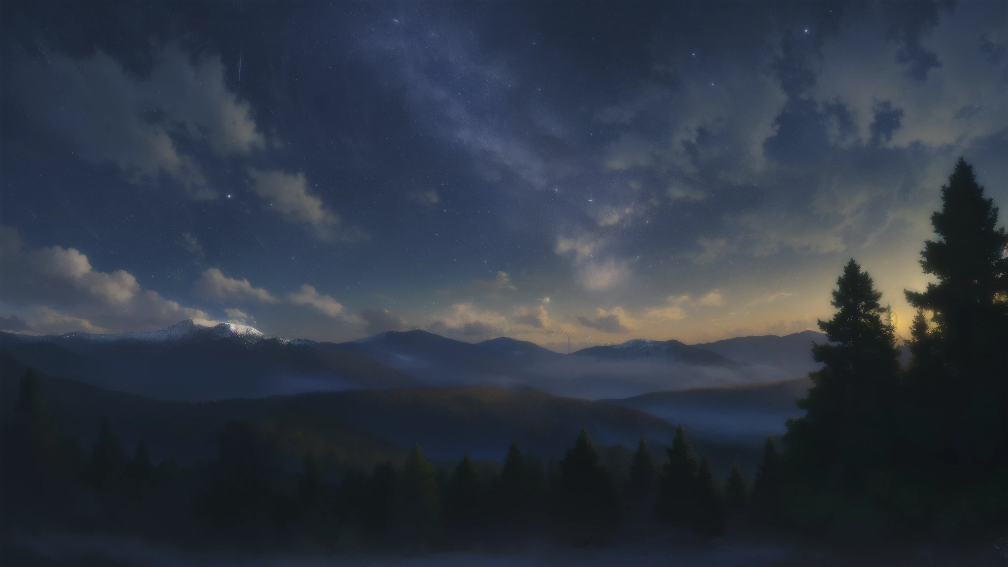 ((masterpiece:1.4,best quality)), cloud, outdoors, forest (snowy mountains), autumn glade , scenery, sky, (night:1.4), nightsky, moon, moonlight, high detail, abundant, 8k, green,tree, high detail, wallpaper, 