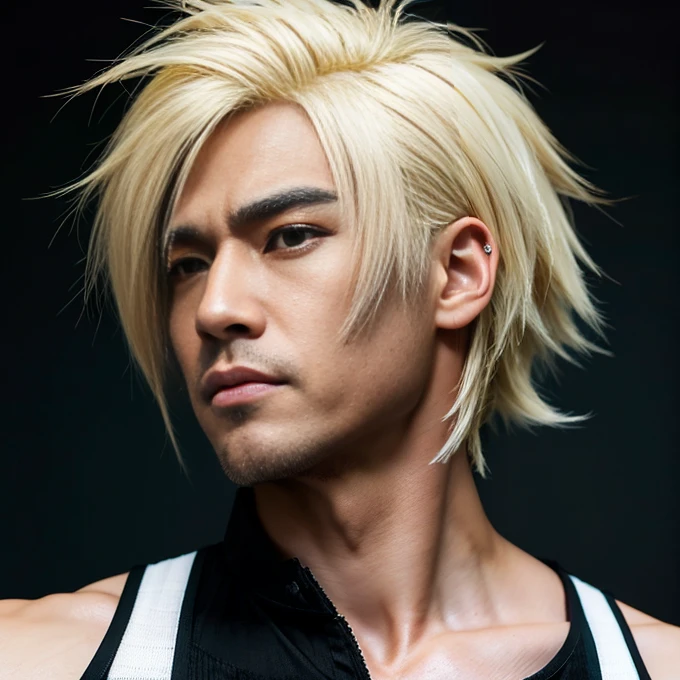 1 man, Japanese man, male, Asian eyes, muscular, broad shoulders, dragon,hairstyle Visual Kei style, hair Visual Kei, black men's shirt and black pants, ultra detailed face, hyperrealistic, realistic representation, 30 years old, ,age 30 years, Blonde hair and black hair