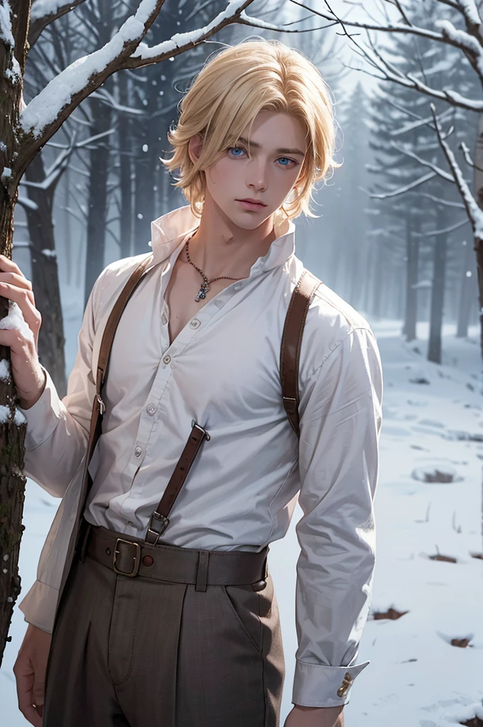 Young blond boy, medium-length hair, long eyelashes, blue eyes, 1800s clothing, worn white shirt, worn brown pants, braces, damaged clothing, disheveled hair, gloomy manor house, dark, winter, under a red hood, snow, outside, dead tree, dirty, cold, misty, detailed face, light eyes.