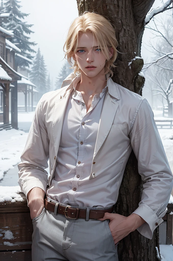 Young blond boy, medium-length hair, long eyelashes, blue eyes, 1800s clothing, worn white shirt, worn brown pants, braces, damaged clothing, disheveled hair, gloomy manor house, dark, winter, under a red hood, snow, outside, dead tree, dirty, cold, misty, detailed face, light eyes.