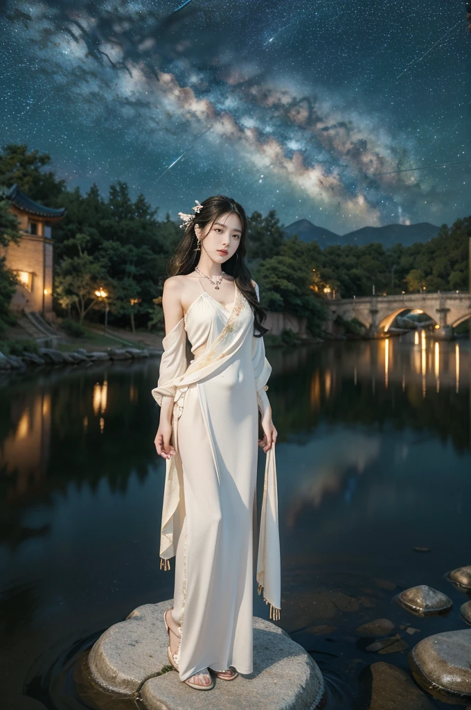 (((best quality))),(((ultra detailed))),(((masterpiece))),illustration,((1 beautiful girl,solo)),(shoulder length straight hair:1.2),((earrings,necklace)),((slim,thin)),((small breasts,flat chest)),(gorgeous red Hanfu:1.5),(slender legs:1.2),(loafers:1.2),(standing:1.3),(arms behind back:1.5),(on the stone arch bridge:1.3),((starry sky,the Milky Way,horizon)),elegance, grace, sophisticated updo, delicate hairpins, twinkling stars, radiant smile, bright eyes, wonder, beauty of the night sky, intricate patterns, flowers, birds, vibrant colors, ethereal, enchanting, old bridge, weathered, sturdy, natural surroundings, serene, peaceful atmosphere, rippling water, stars, graceful silhouette, magic, tranquility, twinkling stars, mesmerizing canopy of light, cool air, crisp, faint scent of blooming flowers, contemplation, admiration, ancient China, timeless, rich culture, traditions, captivating, enchanting atmosphere, myth, legend,((from front,close-up of full body))