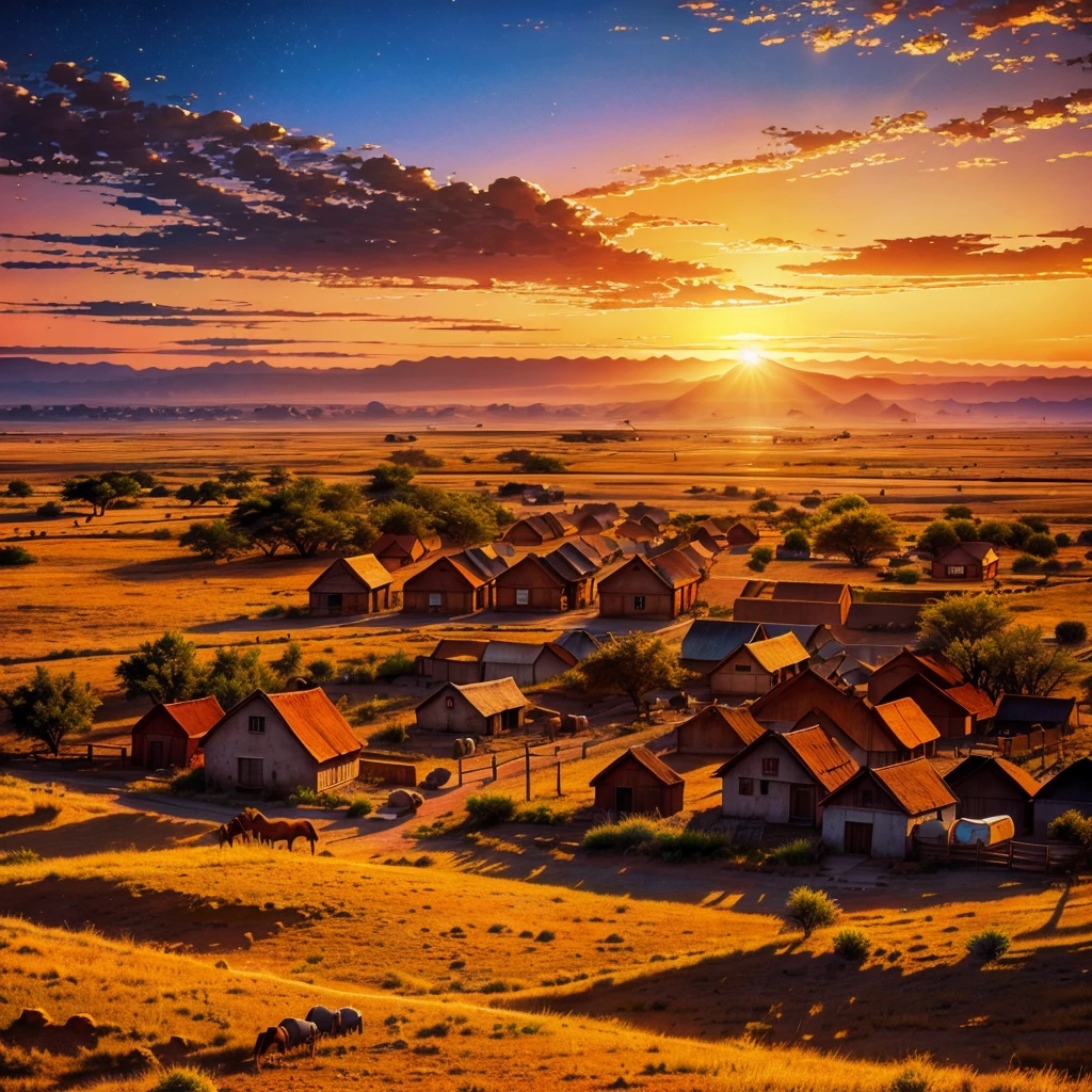 a painting of a town with a sunset in the background, african landscape, A very nice photo, warm and beautiful scene, incredibly pretty, Absolutely exceptional image, African steppe, amazing wallpaper, amazing background. There is a large town celebrating that covers the entire image