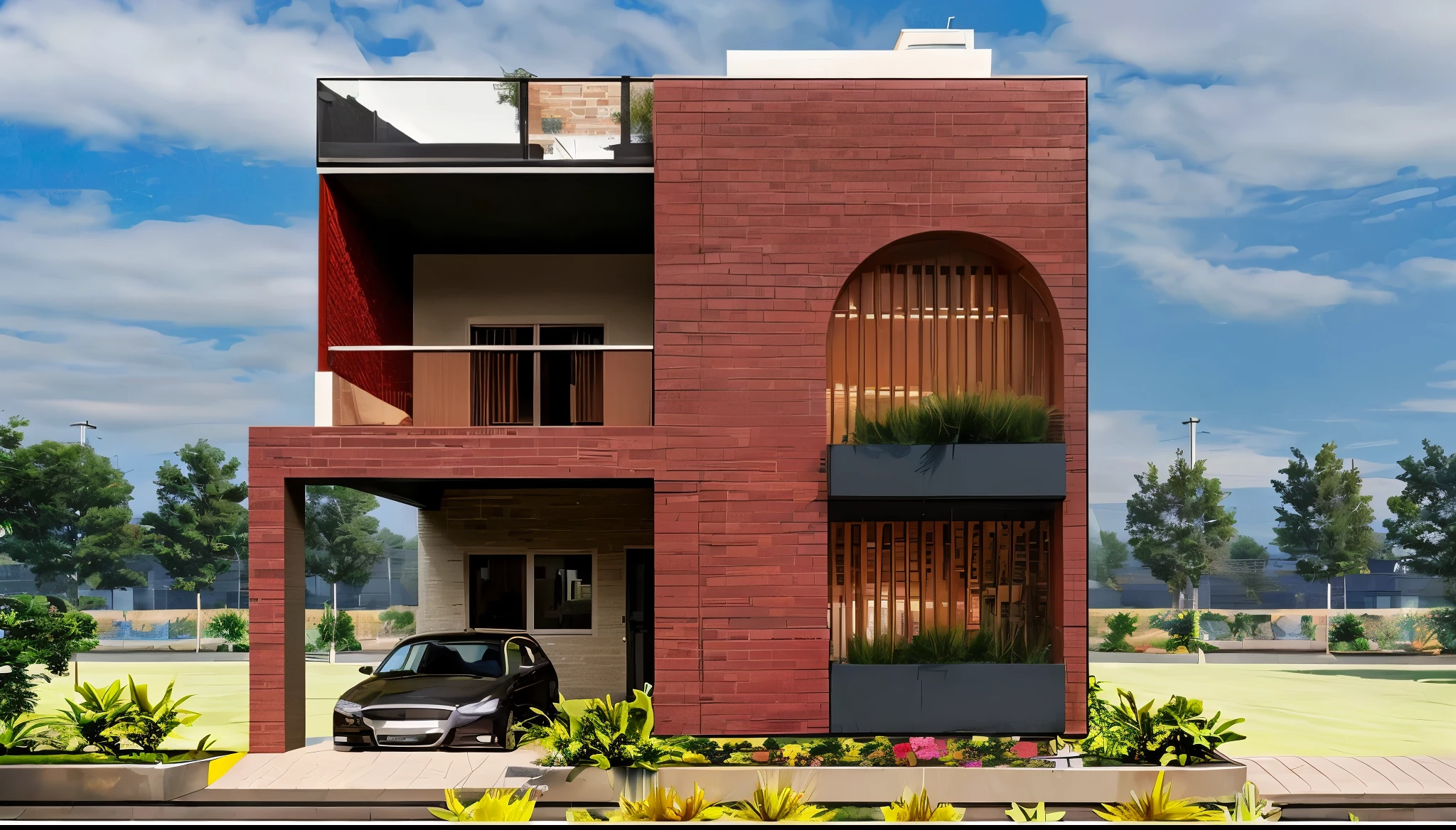 Exterior wall brick cladding, modern facade. Use louvers