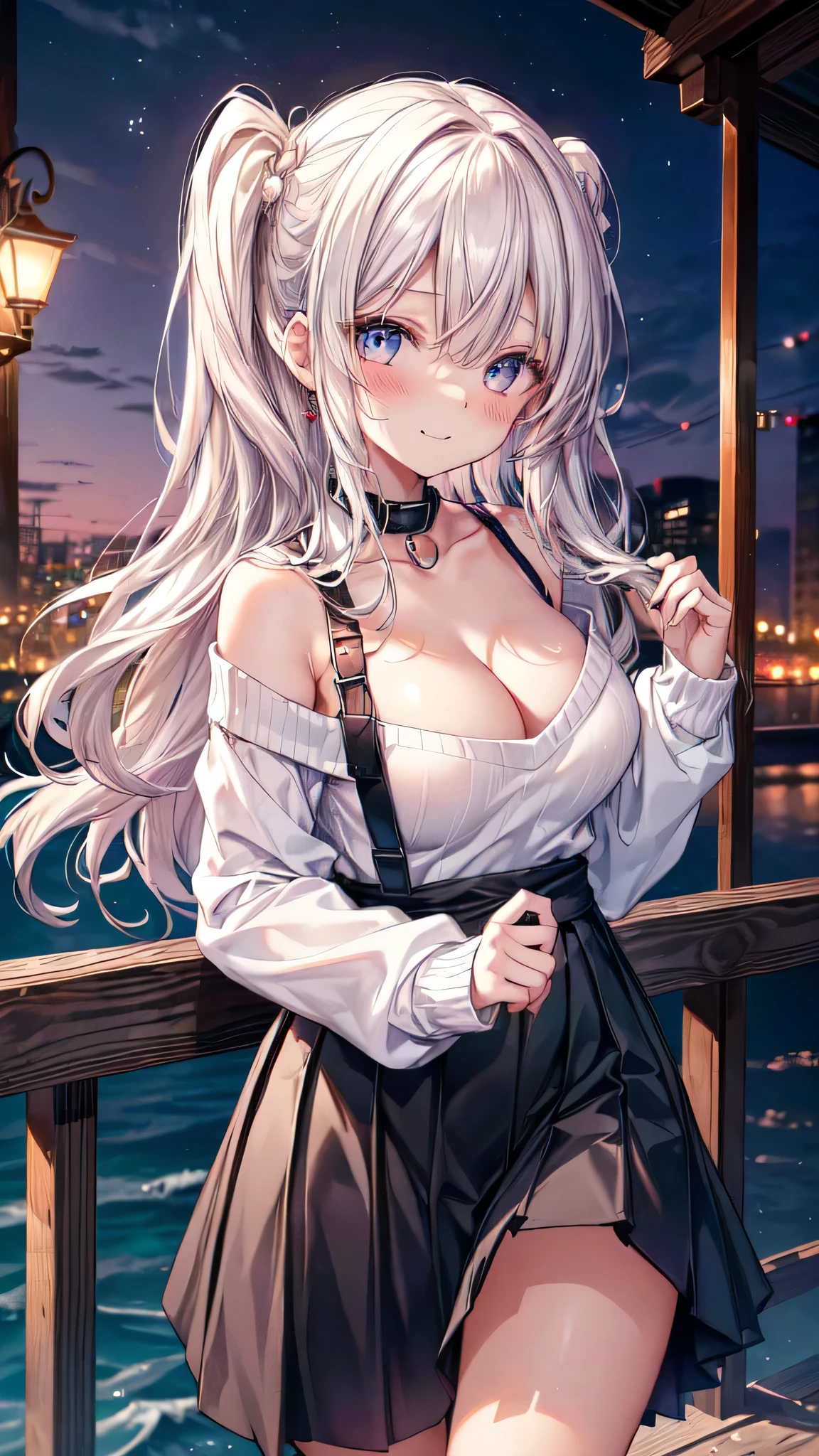 (Ultra-high resolution of the highest quality, masutepiece, Best Quality, 8K, Super Detail, Best Quality:1.3), (Anatomically correct:1.3), (1 Girl), (large breasts), (high school student), (blush face:1.2), (collar), (long black wavy hair), hair over eyes, (drooping eyes), (loose white sweater, long skirt:1.4), (sexual aroused, drunkard:1.4), (beautiful hair, beautiful eyes, beautiful face), (smile), (drunkard face focus, ear focus, clavicle focus, breasts cleavage focus), standing, (from side), outdoor, night city