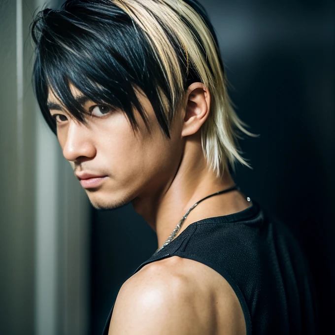 1 man, Japanese man, male, Asian eyes, muscular, broad shoulders, dragon,hairstyle Visual Kei style, hair Visual Kei, black men's shirt and black pants, ultra detailed face, hyperrealistic, realistic representation, 30 years old, ,age 30 years, Blonde hair and black hair