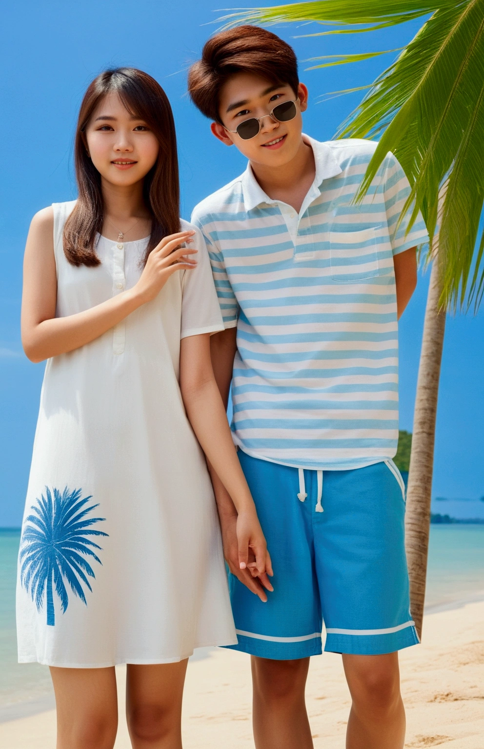 asian teenage couple ,together at beach, coconut tree, seashore, beautiful blue sky, (1girl, 1boy, full body), (masterpiece, best quality)