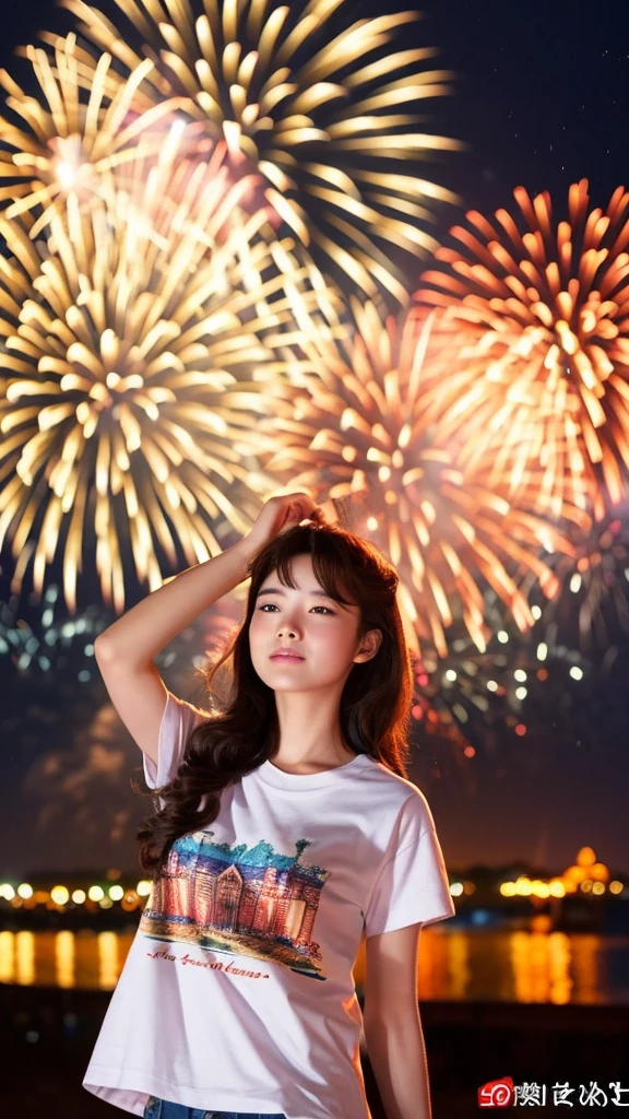 Fireworks display Masterpiece high quality Beautiful woman illuminated by fireworks Love begins summer Ocean T-Shirts