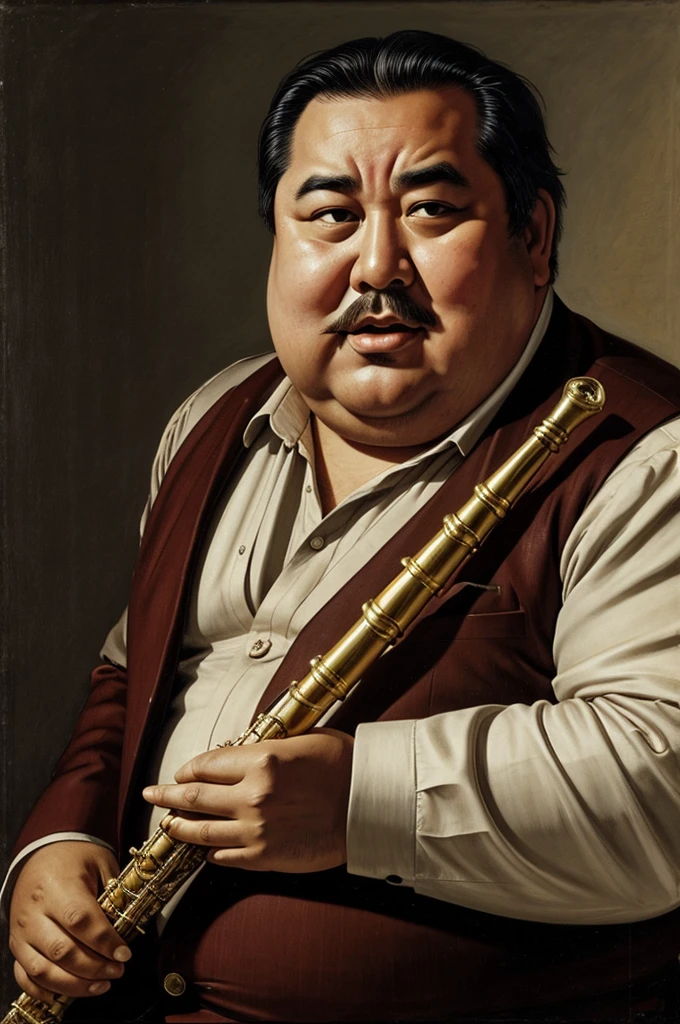 generates a man with a bitter face, somewhat fat, playing the flute