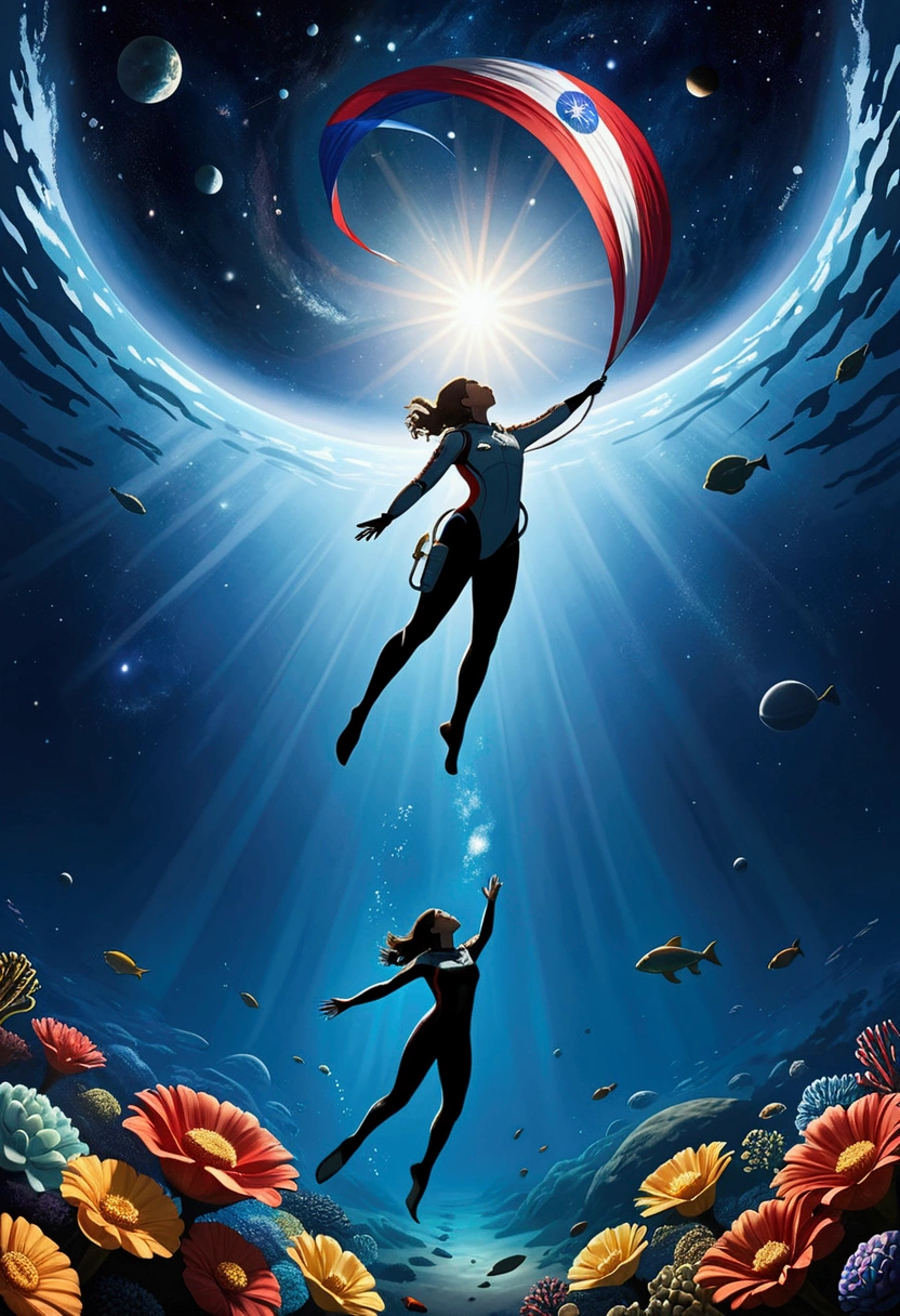 A visually stunning and stimulating work of art that masterfully combines elements of space exploration and underwater exploration. In the foreground, the phrase "URANO 2324". The main focus is the perfect silhouette of an astronaut (Sarocha Chankimha) floating in space and the perfect silhouette of a freediver (Rebeca P. Armstrong) swimming underwater, each approaching the other with outstretched hands. From the background of cosmic space, with galaxies and distant celestial bodies, an imposing flag of PARAGUAY stands out with its red, white and blue stripes, giving character and importance to the image.