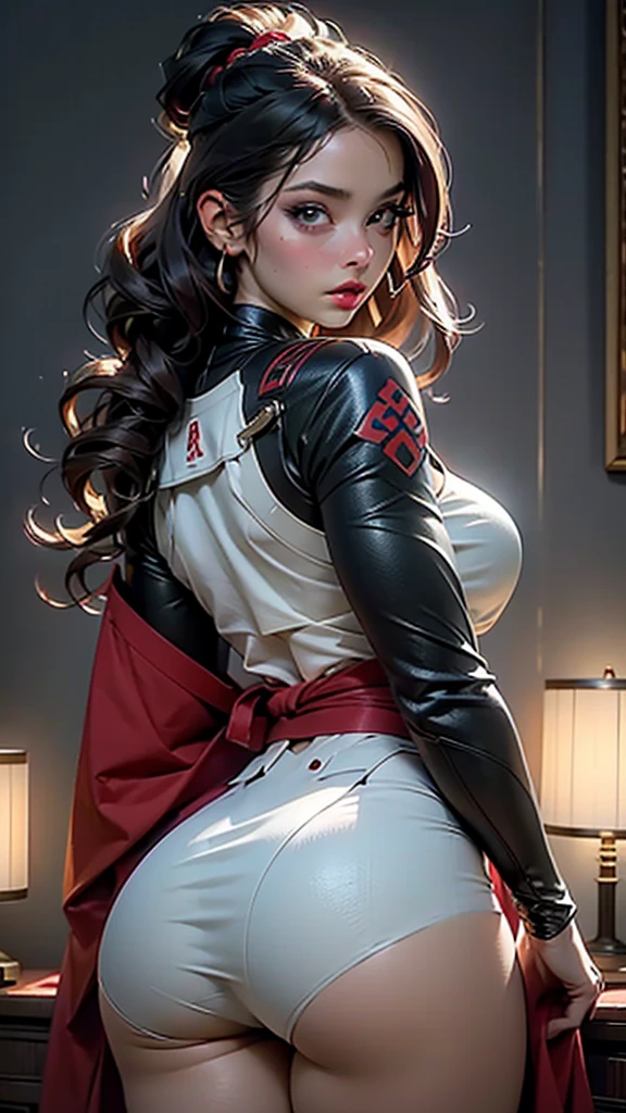 female dressed as attractive Samurai, gorgeous, voluptuous, flirting, busty, ample hips, insanely detailed accentuated big booty, looking_back, portrait, photography, detailed skin, Realistic, photo-realistic, 8k, highly detailed, full-length frame, HIGH detailed RAW color art, piercing, diffused soft lighting, shallow depth of field, sharp focus, hyperrealism, cinematic lighting,