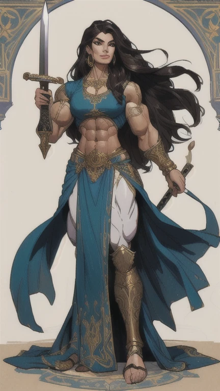 fullbody view, (((muscular))) beautiful persian woman, long dark hair, woman in medieval setting, wearing ornate cloth, warrior woman with a curved sword, perfect and flawless musculature, bulky and powerful bodybuilder physique