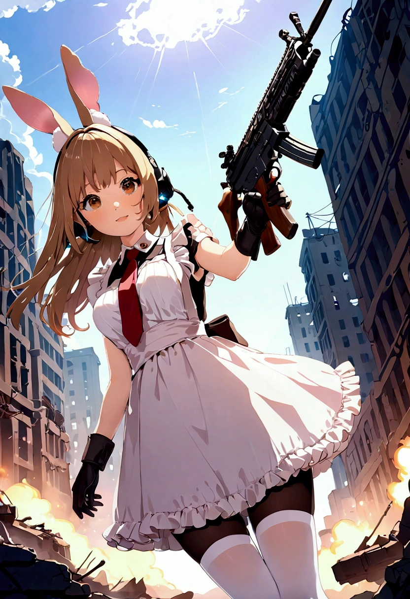 ((1girl)), super fine illustration, vibrant colors, absurdres extremely detailed CG, 8k wallpaper, (masterpiece:1.3), dynamic angle, dynamic pose,
best quality, depth of field, cinematic lighting, ultra detailed, brown long hair, very straight hair, large breast, white knit dress , 20yo, cute, very baby face, brown eyes, kawaii, tender smile, droopy eyes, combat, pink leotad, sci-fi rabbit ear mechanical headset, red necktie, combat glove, pink maid uniform, white thighhighs pantyhose, aiming rifle, modern military rifle:1.4, ruin city, Post-apocalypse