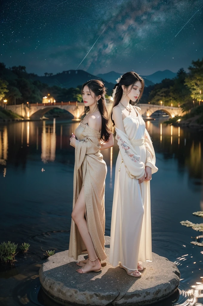 (((best quality))),(((ultra detailed))),(((masterpiece))),illustration,((1 beautiful girl,solo)),(shoulder length straight hair:1.2),((earrings,necklace)),((slim,thin)),((small breasts,flat chest)),(gorgeous red Hanfu:1.5),(slender legs:1.2),(loafers:1.2),(standing:1.3),(arms behind back:1.5),(on the stone arch bridge:1.3),((starry sky,the Milky Way,horizon)),elegance, grace, sophisticated updo, delicate hairpins, twinkling stars, radiant smile, bright eyes, wonder, beauty of the night sky, intricate patterns, flowers, birds, vibrant colors, ethereal, enchanting, old bridge, weathered, sturdy, natural surroundings, serene, peaceful atmosphere, rippling water, stars, graceful silhouette, magic, tranquility, twinkling stars, mesmerizing canopy of light, cool air, crisp, faint scent of blooming flowers, contemplation, admiration, ancient China, timeless, rich culture, traditions, captivating, enchanting atmosphere, myth, legend,((from front,close-up of full body))