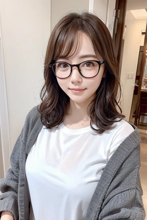 Highest quality、masterpiece、High sensitivity、High resolution、Detailed Description、Slender women、Glasses、Light clothing、