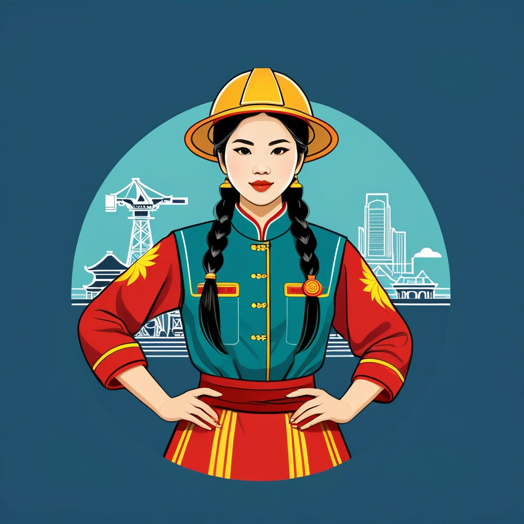 female engineer in vietnamese folk outfit ,vector graphics, strong contours, logo design