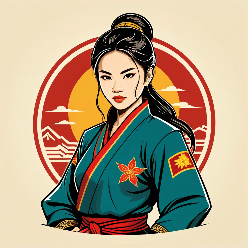 female fighter in vietnamese folk outfit ,vector graphics, strong contours, logo design