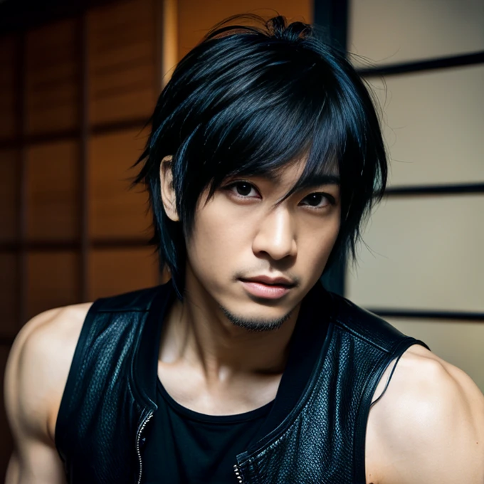 1 man, Japanese man, male, Asian eyes, muscular, broad shoulders, dragon,hairstyle Visual Kei style, hair Visual Kei, black men's shirt and black pants, ultra detailed face, hyperrealistic, realistic representation, 30 years old, ,age 30 years, Blonde hair and black hair 