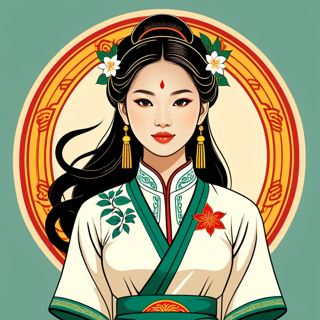 female healer in vietnamese folk outfit ,vector graphics, strong contours, logo design