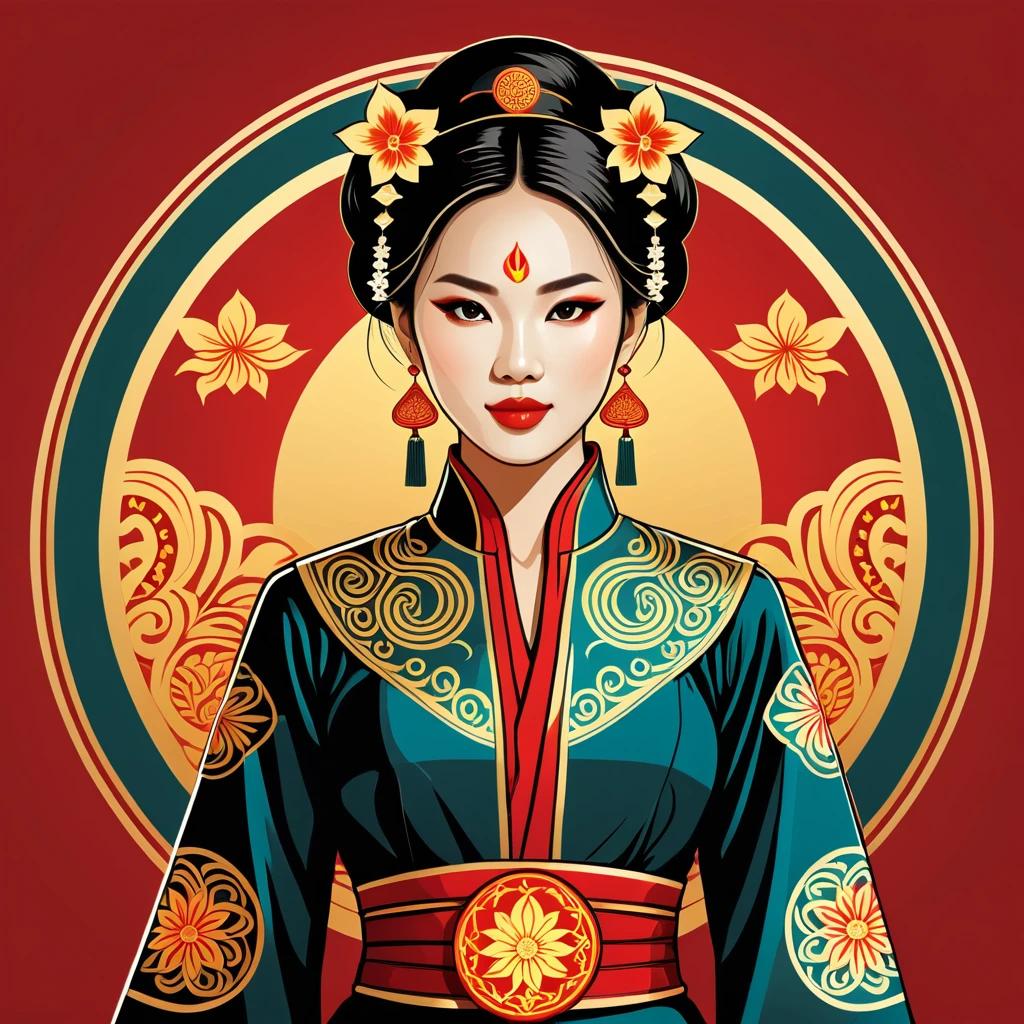 female illusionist in vietnamese folk outfit ,vector graphics, strong contours, logo design