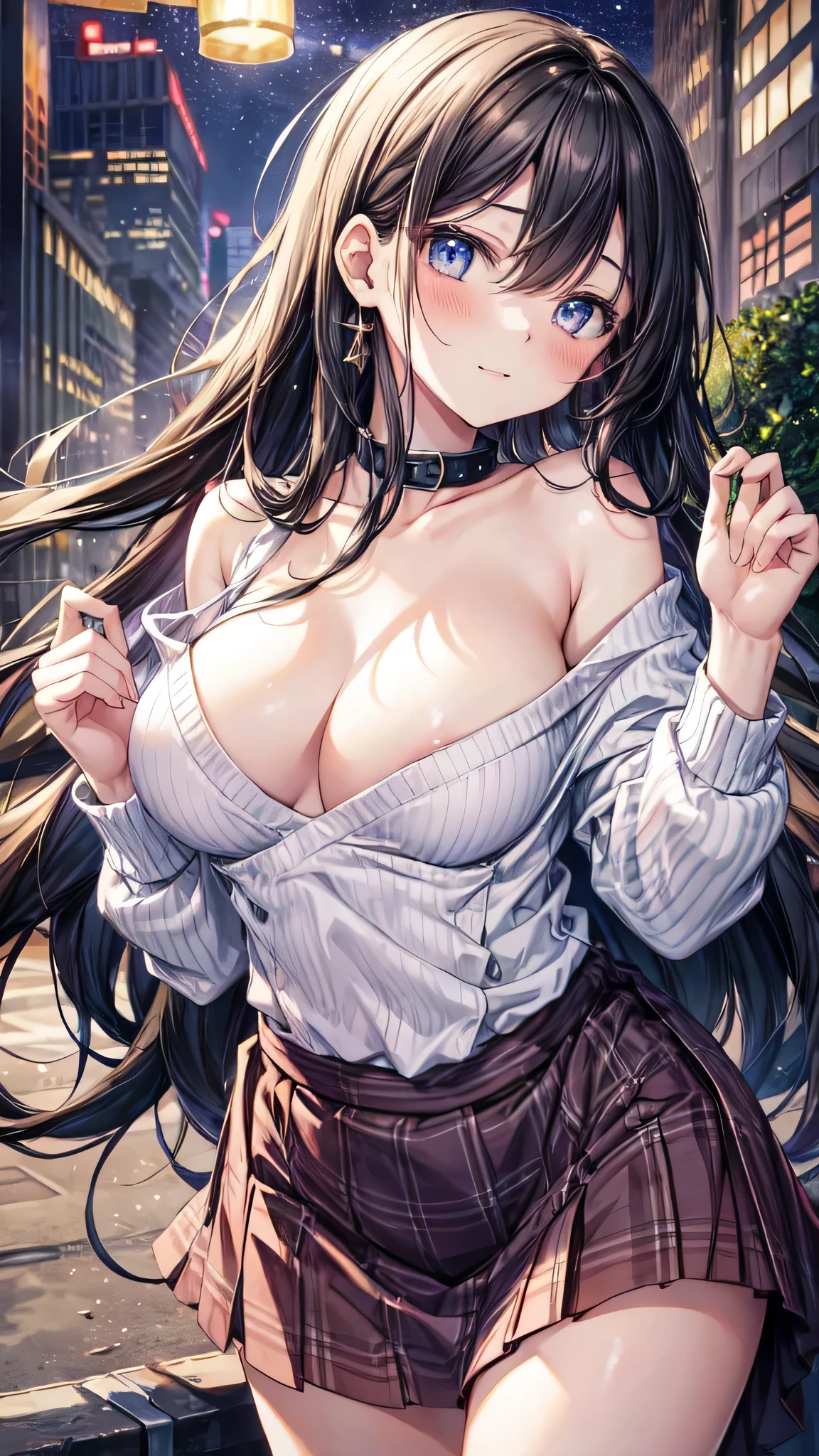 (Ultra-high resolution of the highest quality, masutepiece, Best Quality, 8K, Super Detail, Best Quality:1.3), (Anatomically correct:1.3), (1 Girl), (large breasts), (high school student), (blush face:1.2), (collar), (long black wavy hair), hair over eyes, (drooping eyes), (loose white sweater, long skirt:1.4), (sexual aroused, drunkard:1.4), (beautiful hair, beautiful eyes, beautiful face), (smile), (drunkard face focus, ear focus, clavicle focus, breasts cleavage focus), standing, (from side), outdoor, night city