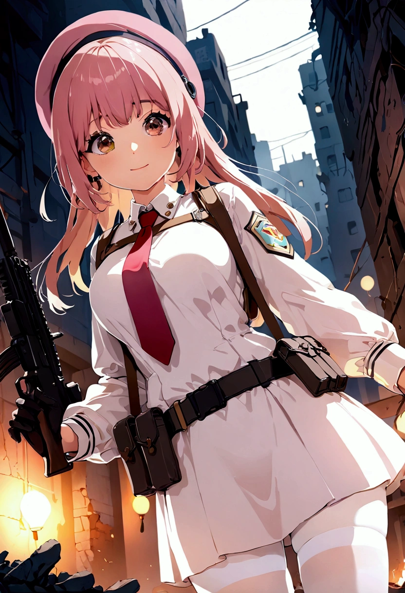 ((1girl)), super fine illustration, vibrant colors, absurdres extremely detailed CG, 8k wallpaper, (masterpiece:1.3), dynamic angle, dynamic pose,
best quality, depth of field, cinematic lighting, ultra detailed, brown long hair, very straight hair, large breast, white knit dress , 20yo, cute, very baby face, brown eyes, kawaii, tender smile, droopy eyes, combat, pink leotad, beret, pink hat, Millitaly headset, red necktie, black leather glove, pink military jacket, white thighhighs pantyhose, military belt, military pouch, modern military heavy rifle, ruin city, Post-apocalypse