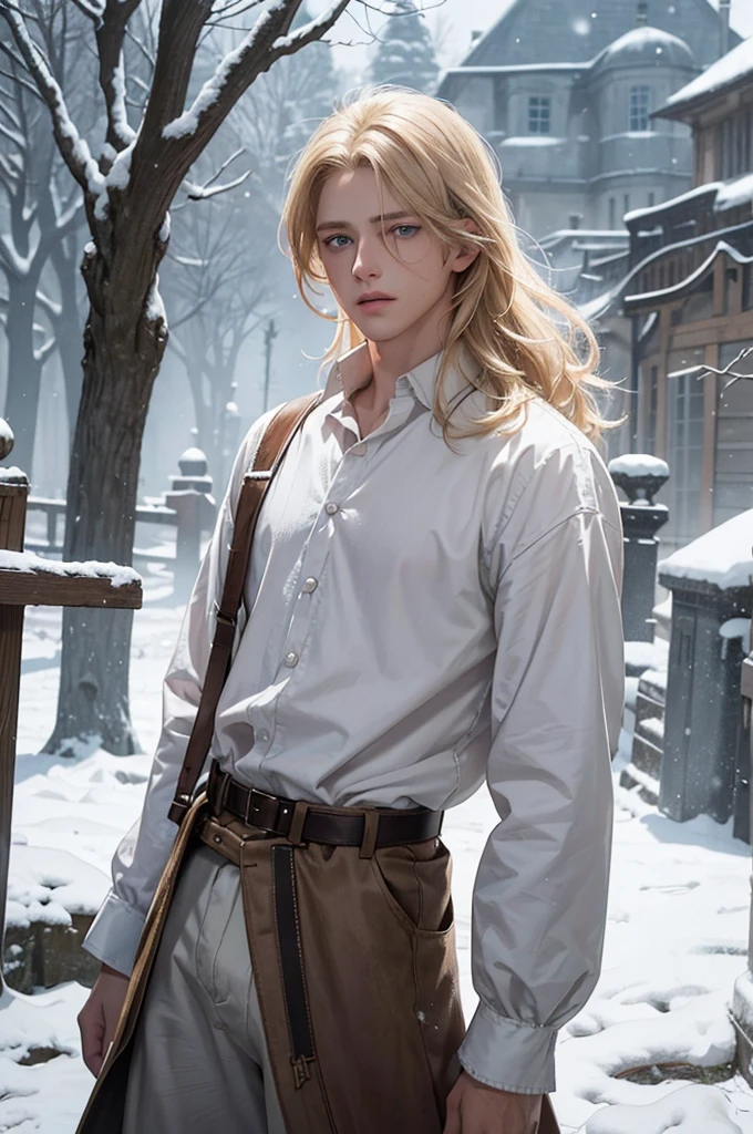 Young blond boy, medium-length hair, long eyelashes, blue eyes, 1800s clothing, worn white shirt, worn brown pants, braces, damaged clothing, disheveled hair, gloomy manor house, dark, winter, red hood, snow, outside, dead tree, dirty, cold, misty, detailed face, light eyes, medieval clothing.