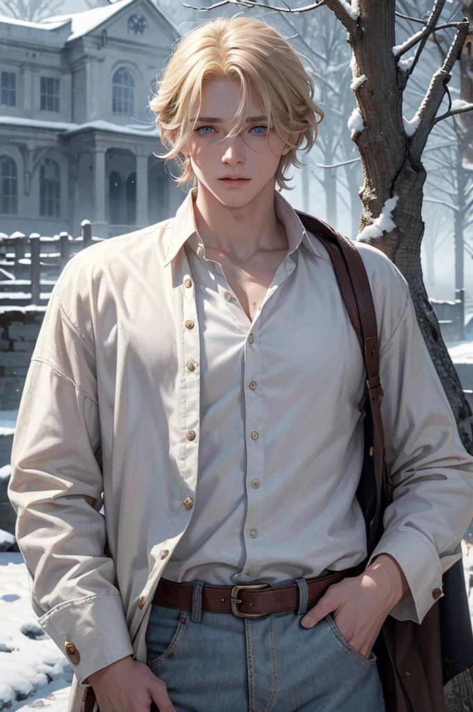 Young blond boy, medium-length hair, long eyelashes, blue eyes, 1800s clothing, worn white shirt, worn brown pants, braces, damaged clothing, disheveled hair, gloomy manor house, dark, winter, red hood, snow, outside, dead tree, dirty, cold, misty, detailed face, light eyes, medieval clothing.