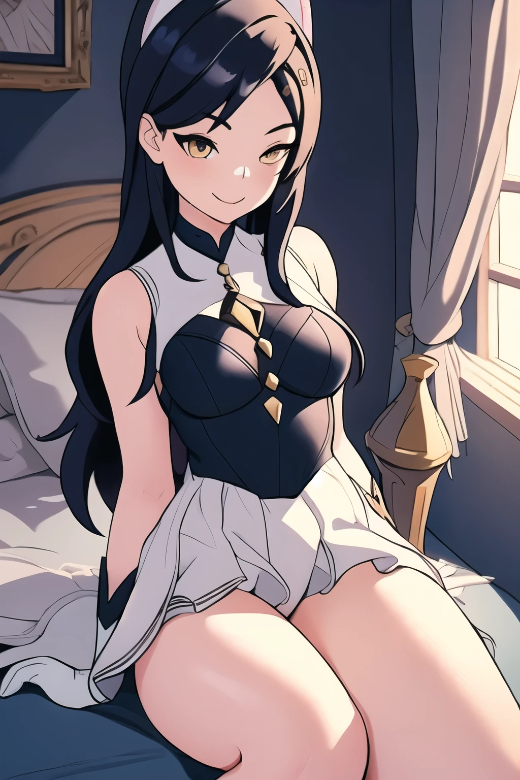 best qualityer, work of art, ultra detailed, 1 girl, standing alone, cat girl, Balsa, long hair, BalsaBase, thicc thighs, bared shoulders, jewerly, sleeveless, white gown, blue skirt, mitts, bed-in room, bed-in, wood floor, sitting down, sitting down on bed-in, from low, hands on legs, ssmile, soft lighting, whole body, dynamic view