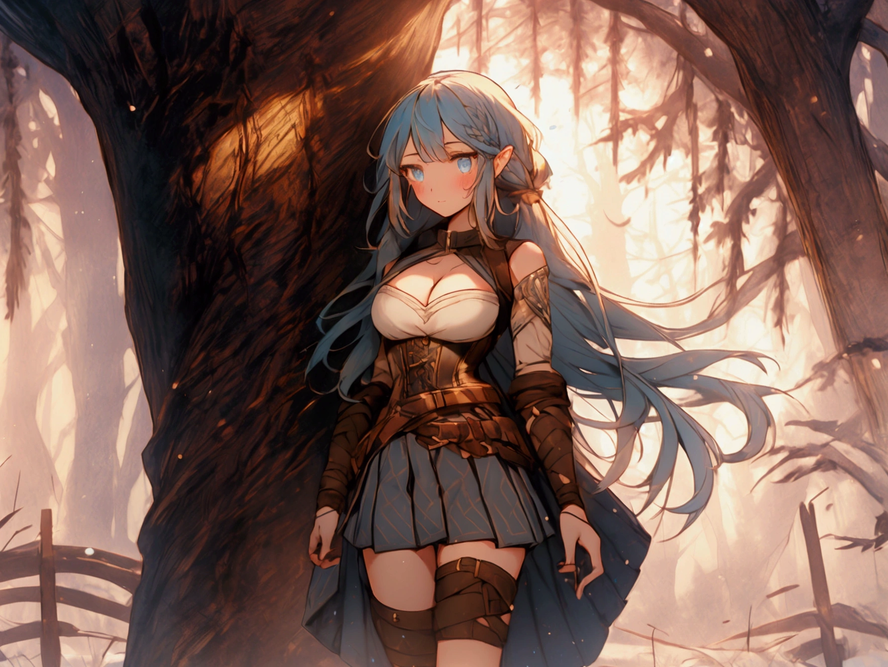 1girl, full body, standing, tall, tight, front view, masterpiece, very aesthetic, 8k, alone, very long braided ponytail, blushing, happy face, corset, breasts, cleavage cutout, asymmetrical bangs, gradient blue eyes, aquamarine hair, breasts, bare shoulders, pleated skirt, punk belt, sneakers, thigh gap, sports knee pad (left leg only),