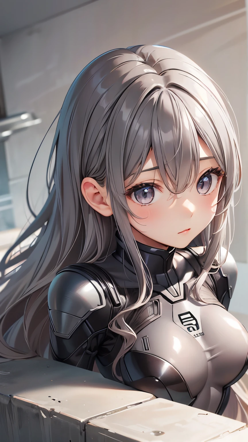 highest quality、Realistic、female、zoom、Gray Eyes、Long gray wavy hair、Hero Suit、Glossy bodysuit、slender、Dark Skin、、Bust Shot、