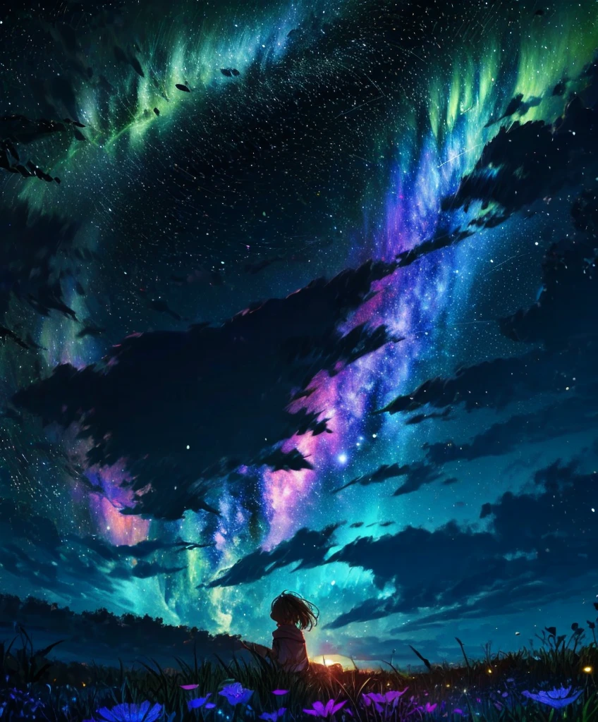 Describe a scene where a  grassy hill,  the starry sky. Surround her with colorful nebulae and her favorite constellations.