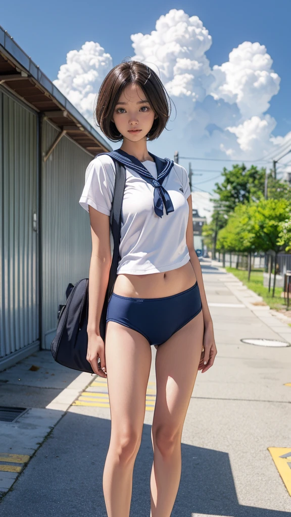 {3 | 2} Girl Standing In Schoolyard, Cumulonimbus clouds floating in the summer sky, Navy blue speedo swim briefs, On a white sailor shirt, school bag, , (Very slim:1.4), Thin thighs, knees, Brown eyes, Short hair tied low