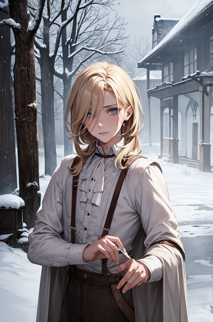 Young blond boy, medium-length hair, long eyelashes, blue eyes, 1800s clothing, worn white shirt, worn brown pants, braces, damaged clothing, disheveled hair, gloomy manor house, dark, winter, red hood, snow, outside, dead tree, dirty, cold, misty, detailed face, light eyes, medieval clothing.