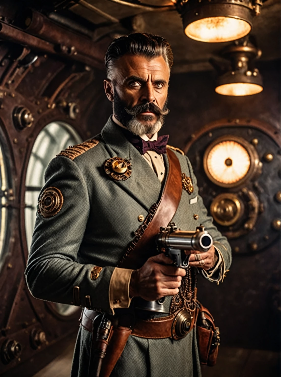 photo focus on male focus, indoors, realistic scenery, (captain nemo:1.1), retro-futuristic, holding a ray gun, testing a ray gun at a firing range , ray beam, steampunk nautilus-style. very wide shot, character photo portrait, film, professional, 4k