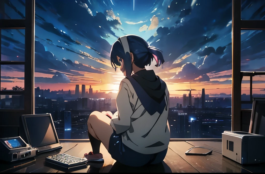 arafed image of a girl sitting on a pile of old electronics, a picture by Yuumei, pixiv contest winner, computer art, anime style 4 k, 4 k manga wallpaper, dreamy psychedelic anime, anime art wallpaper 4 k, anime art wallpaper 4k, anime art wallpaper 8 k, digital art 4k unsettling, anime! 4k
