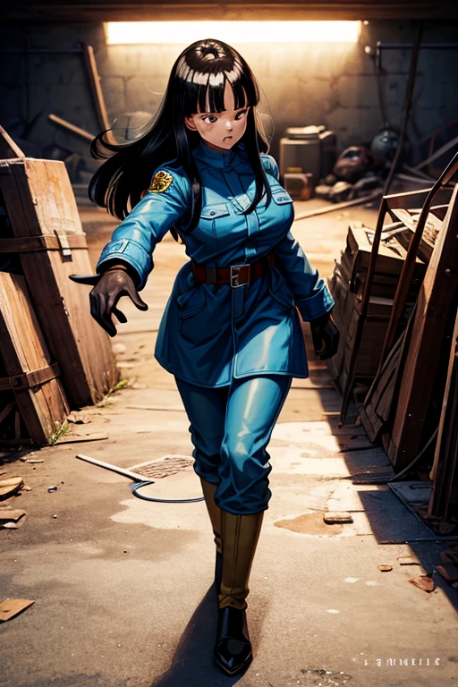 masterpiece, Highest quality,  Unreal Engine,  Super Resolution,  Very detailed, 

Beautiful woman, may, 1girl, 独奏, uniform, black hair, boots, gloves, military, military uniform, long hair, black eyes, belt, coat, black background, simple background, full body, blunt bangs, bangs, Dragon Ball, Long black hair, Vivid expression, Healthy Body, Beautifully detailed sweat glands, Smooth skin texture, Carefully drawn,

(humidity:1.2), Beautiful Eyes, (Attractive face:1.2), (Beautiful Skin), (Big Breasts), Puffy nipples, Sticky with sweat, In a dynamic pose,

Dragon Ballの世界で, indoor, In the basement, 