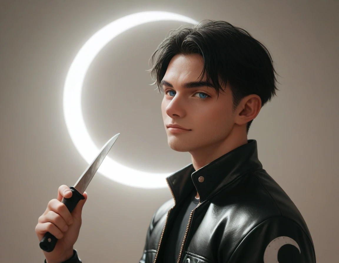 Hyper realistic, dark vibes, solo, attractive young guy, male, 22 years, (holding knife:1.1) pale skin, blue eyes, (short textured blond hair:1.1), layered bangs, gothic black leather jacket, black eyeliner, dark lighting, in luxury BDSM room, (smirk:1.1), (visible neon red crescent moon writing sign in background text "CONTEXT" in blue:1.1)