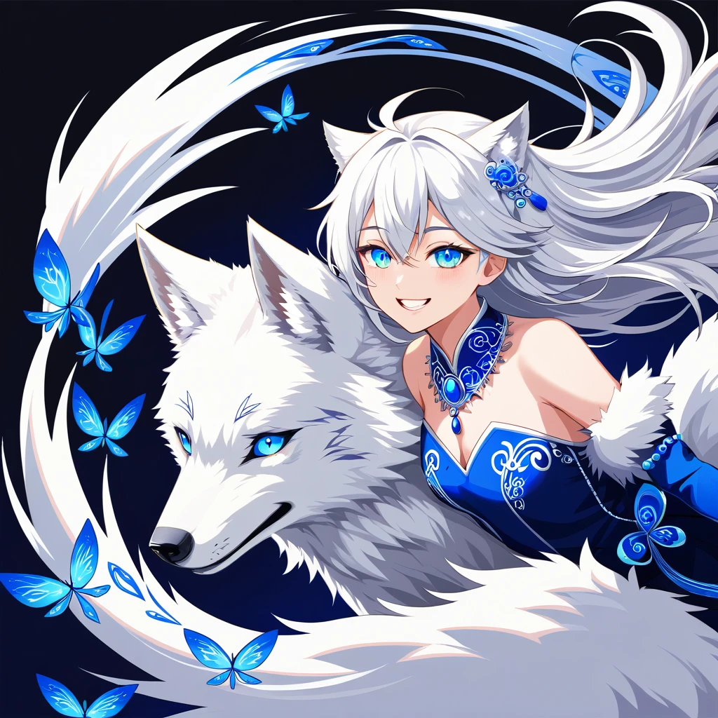 white wolf, animal, cheerful eyes, fly away, kwai, with sapphire details. smiling