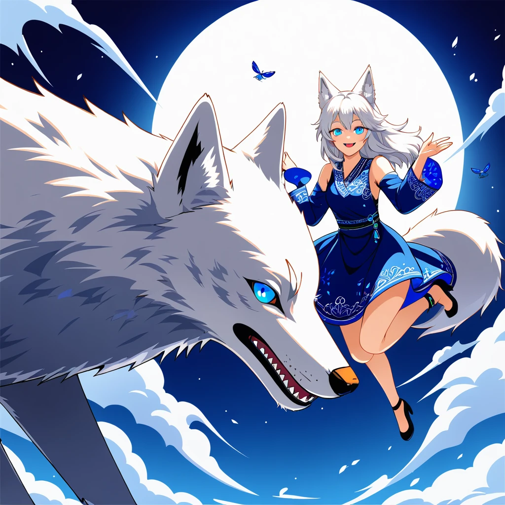 white wolf, animal, cheerful eyes, fly away, kwai, with sapphire details. smiling