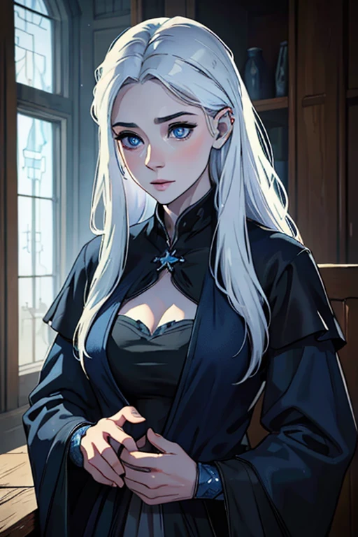 (best quality,4k,8k,highres,masterpiece:1.2),ultra-detailed,(realistic,photorealistic,photo-realistic:1.37),HDR,UHD,stunningly detailed,long white hair,long white hair flowing,attractive mature woman,beautiful stunning woman,pale skin,pale complexion,pale face,piercing blue eyes,extraordinary blue eyes,detailed blue tattoos on face and body,ethereal,ethereal atmosphere,medieval,medieval setting,dark blue dress,dark blue medieval dress,alluring, enchanting